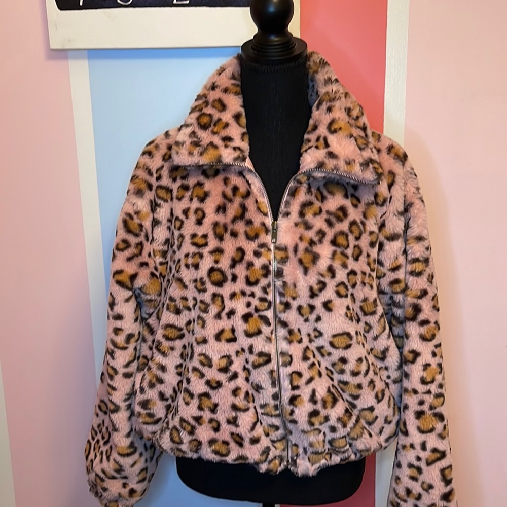 Pink leopard furry jacket
